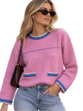 💖Max & Moi Women’s Pink & Blue Cashmere Wool Fall Chic Oversized Sweater | S